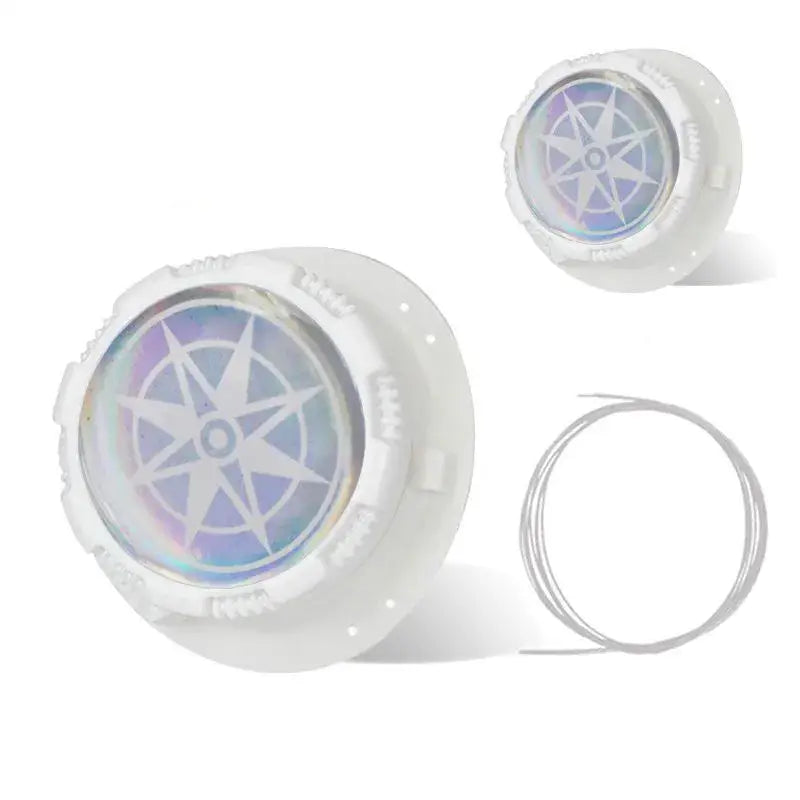 a pair of white and blue leds with a white ring