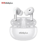 a pair of white earphones with the words thinkplus on it