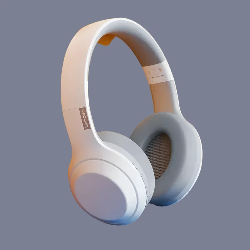 a pair of white headphones on a blue surface