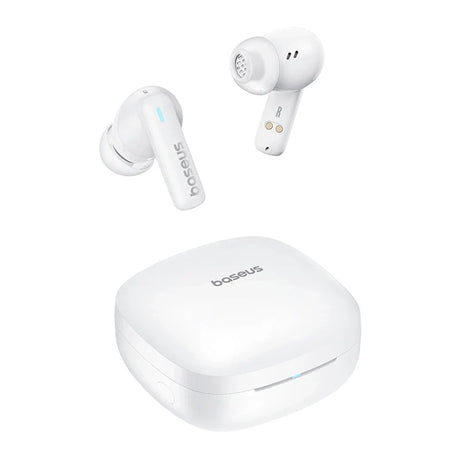 Pair of white wireless earbuds with their charging case.