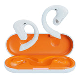 Pair of white wireless earbuds with an orange charging case.