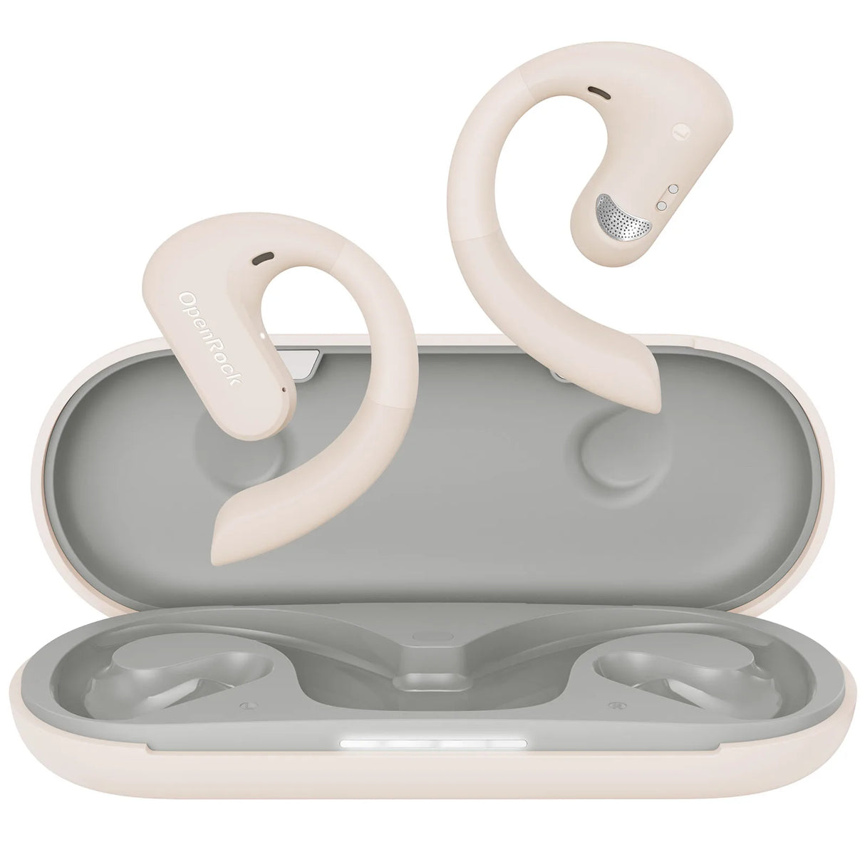 Pair of white wireless earbuds with ear hooks in a gray charging case.