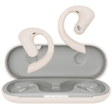 Pair of white wireless earbuds with ear hooks in a gray charging case.