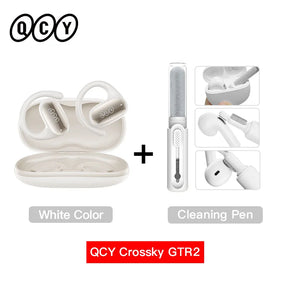 Pair of white wireless earbuds with a charging case and cleaning pen accessory.