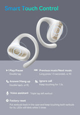 Pair of white wireless earbuds with touch control features.