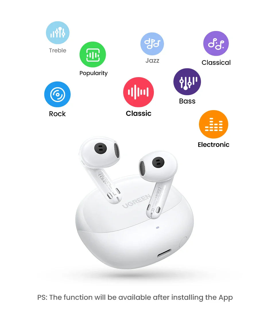 Pair of white wireless earbuds in a charging case with music genre icons above.