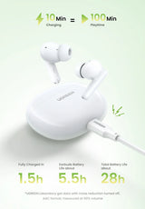 Pair of white wireless earbuds with a round charging case.