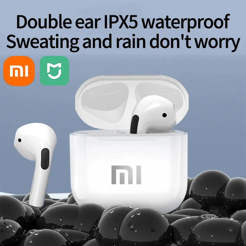 Pair of white wireless earbuds in an open charging case with the Mi logo.