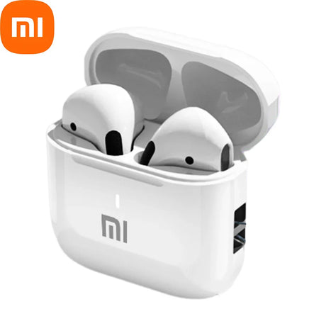 Pair of white wireless earbuds in a charging case with the Xiaomi (Mi) logo.