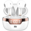 Pair of white wireless earbuds in a charging case with a digital display.