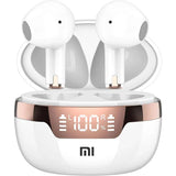 Pair of white wireless earbuds in a charging case with a digital display.