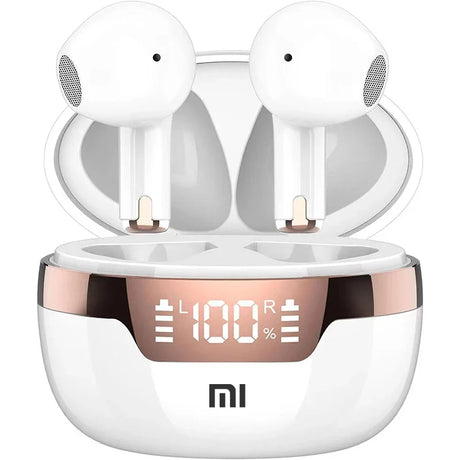 Pair of white wireless earbuds in a charging case with a digital display.