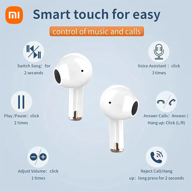 Pair of white wireless earbuds with touch controls for music and calls.