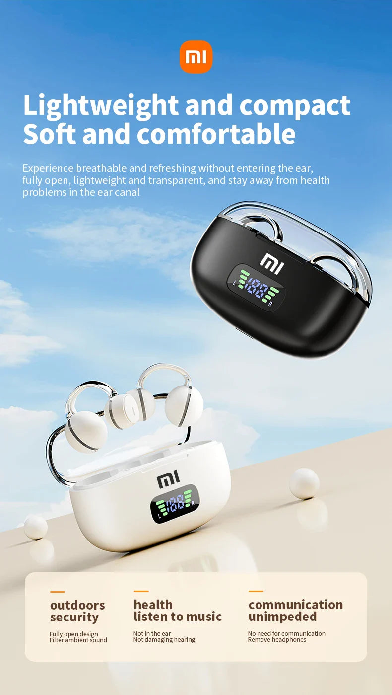 Pair of white wireless earbuds with a charging case, displaying a digital readout.