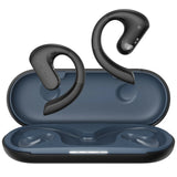 Pair of wireless ear-hook style earbuds with their charging case.