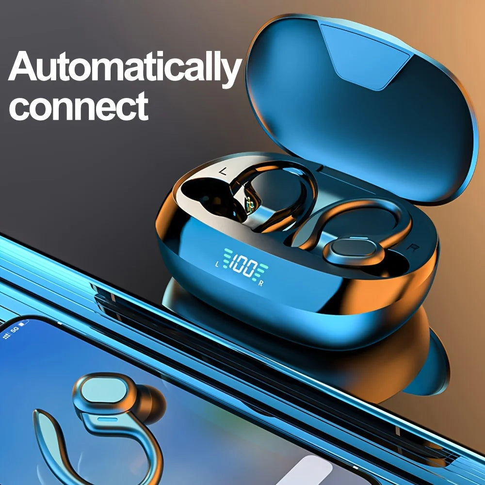 Pair of wireless earbuds in a blue charging case with a digital display.