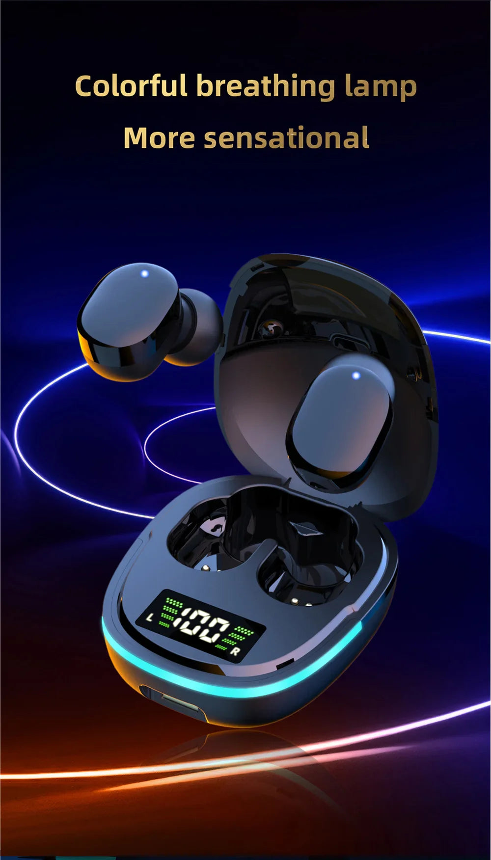 Pair of wireless earbuds in a charging case with a digital display.