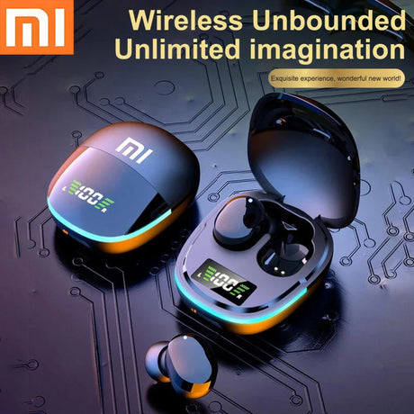 Pair of wireless earbuds with a charging case featuring LED displays and colorful lighting accents.