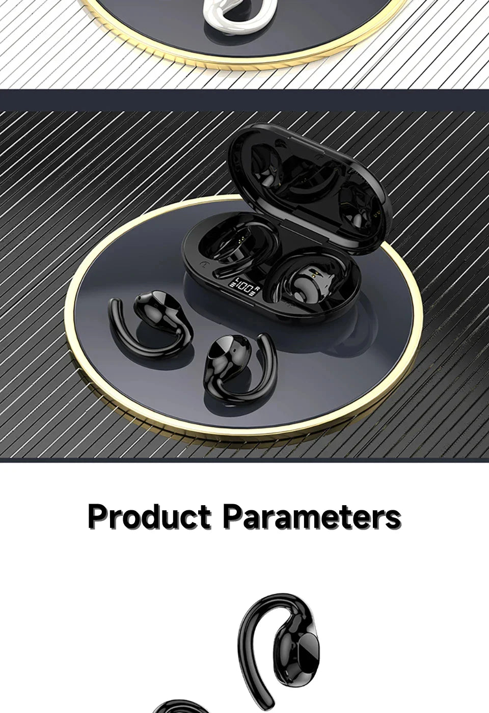 Pair of wireless earbuds with their charging case.