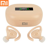 Pair of wireless earbuds with a charging case displaying battery percentage.