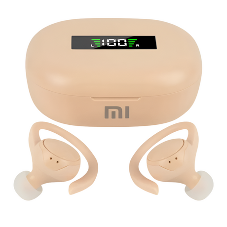 Pair of wireless earbuds with a charging case displaying battery percentage.