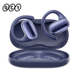 Pair of wireless earbuds with ear hooks in a charging case.