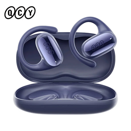 Pair of wireless earbuds with ear hooks in a charging case.