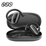 Pair of wireless earbuds with ear hooks in a charging case.