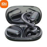 Pair of wireless earbuds with ear hooks in an open charging case displaying battery percentage.