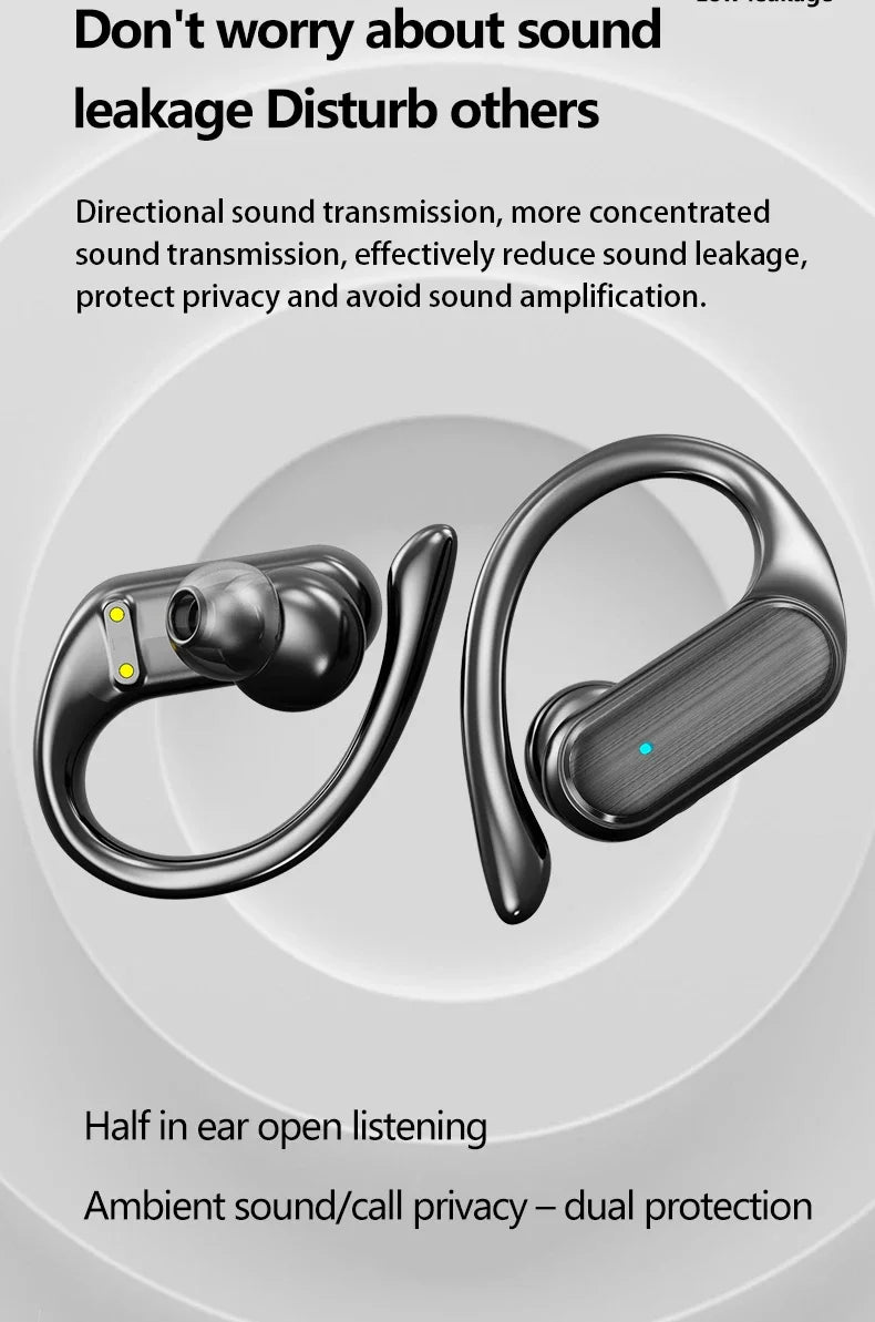 Pair of wireless earbuds with ear hooks and an open-ear design.