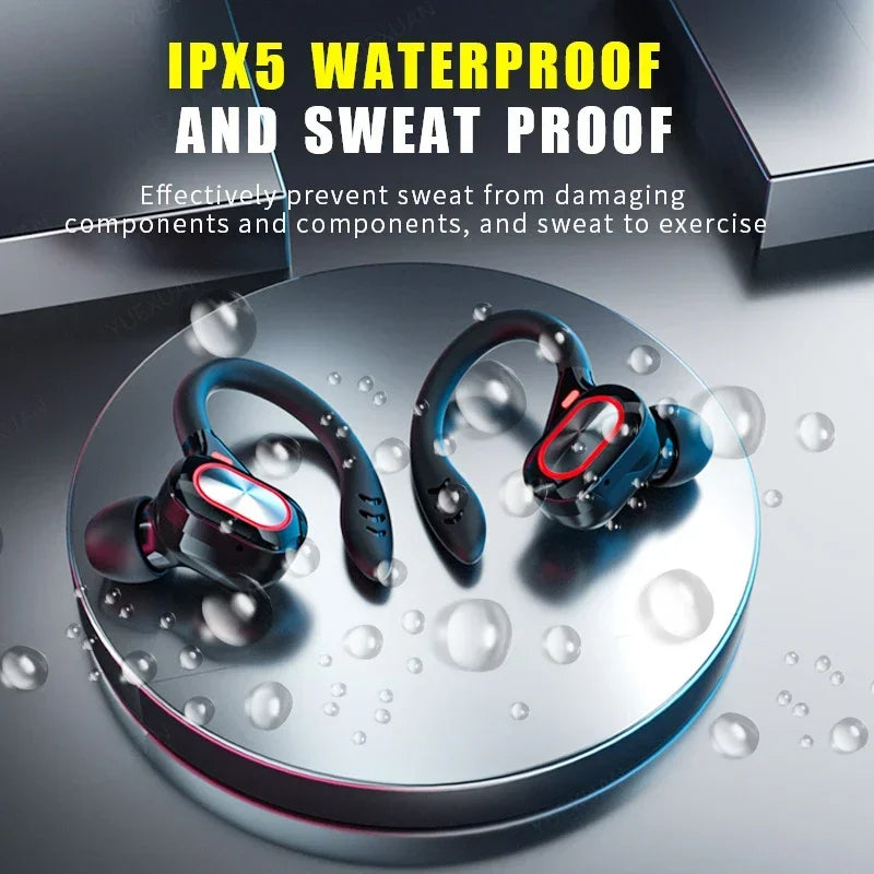 Pair of wireless earbuds with ear hooks on a water-droplet covered surface.