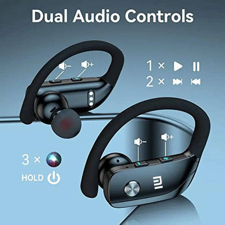 Pair of wireless earbuds with ear hooks and control buttons.