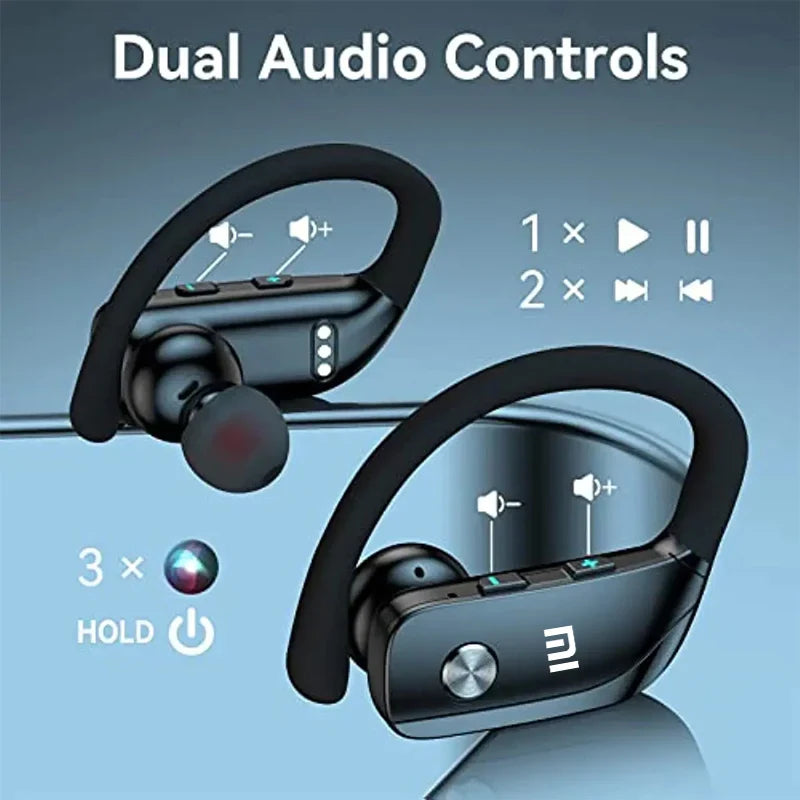 Pair of wireless earbuds with ear hooks and control buttons.