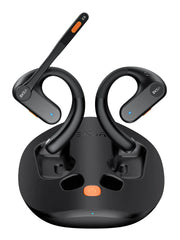 Pair of wireless sport earbuds with ear hooks and a charging case.