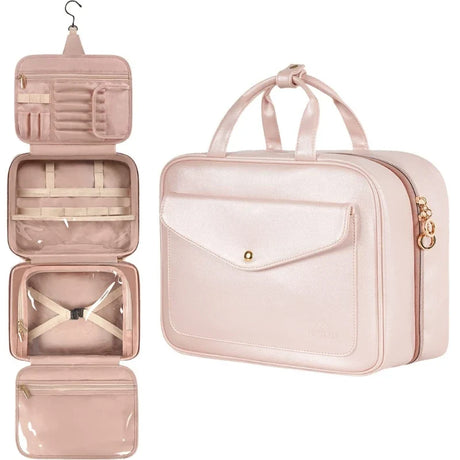 Pale pink travel toiletry bag with multiple compartments and a detachable hanging hook.