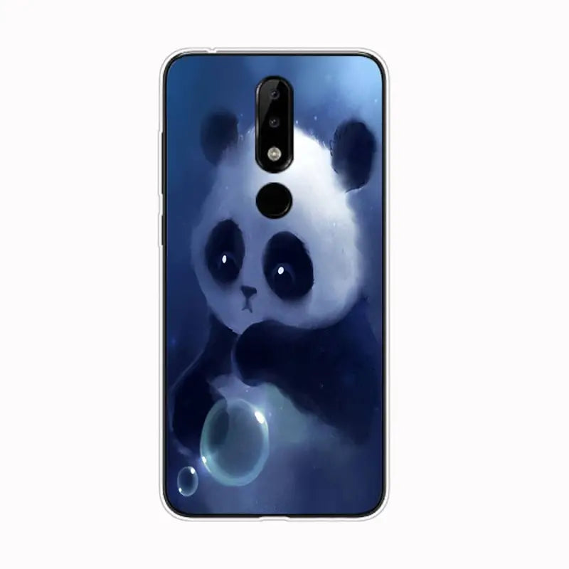 a close up of a panda bear with bubbles on a blue background