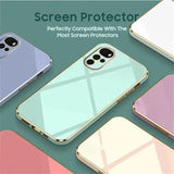 Pastel-colored smartphone cases with gold-trimmed edges and camera cutouts.