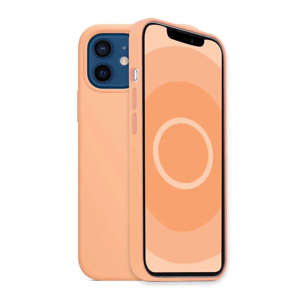 Peach-colored iPhone with dual rear cameras and a notched display.