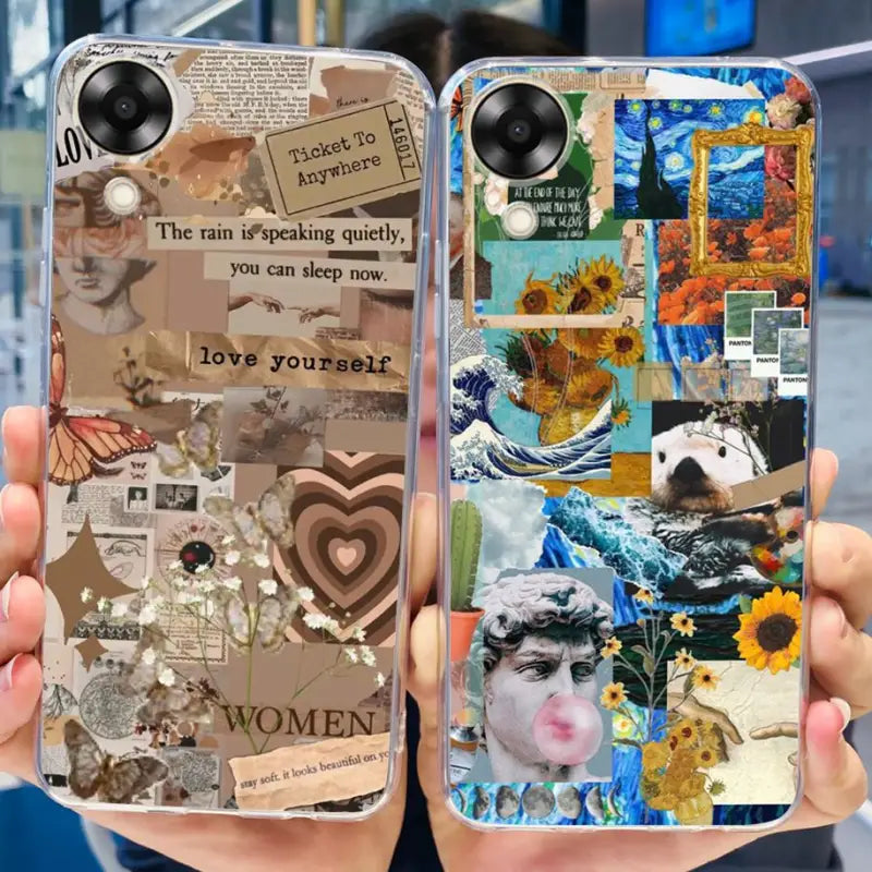 a woman holding up two iphone cases with different pictures