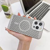 Perforated metallic phone case with a circular pattern and triple camera cutout.