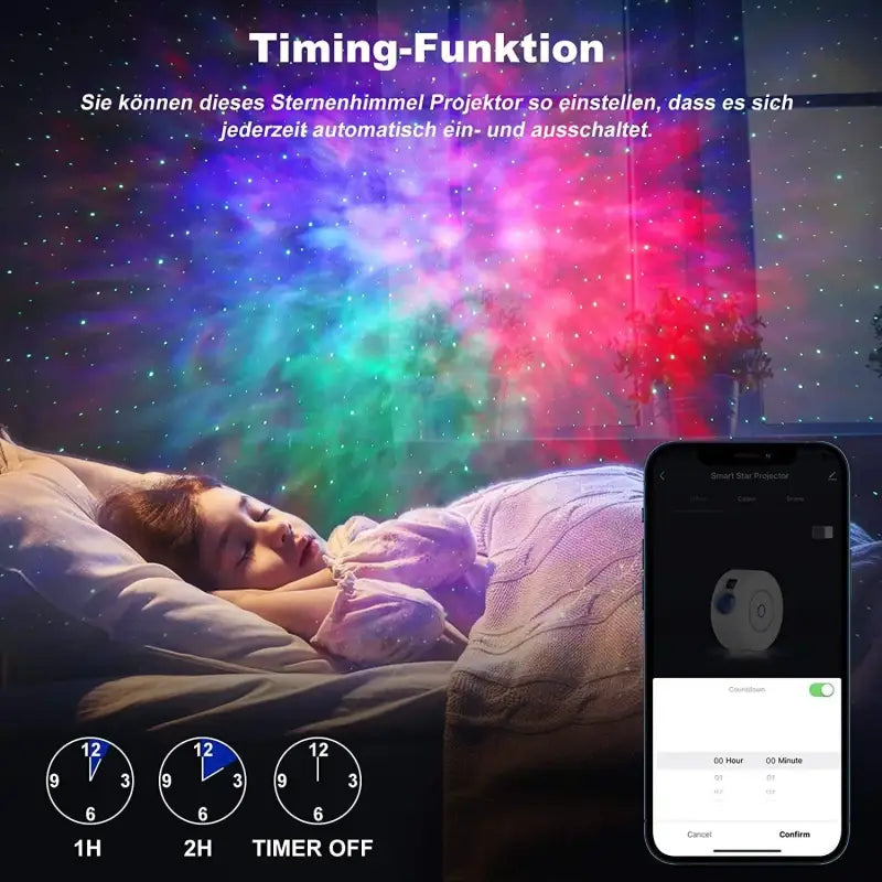 a person laying in bed with a phone and a colorful light