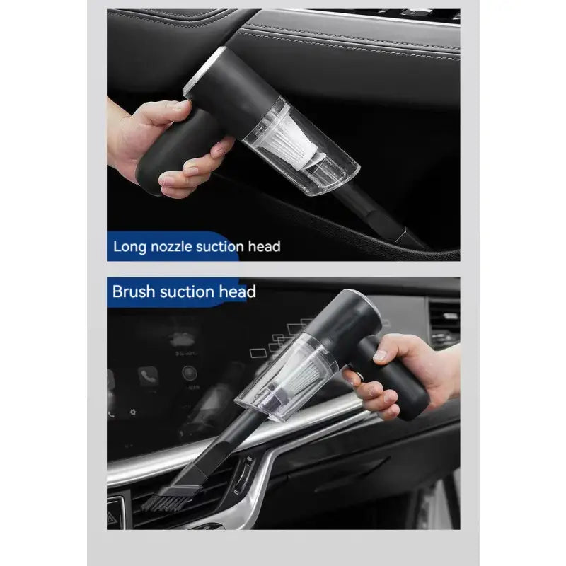 a person using a car vacuum cleaner to clean the interior of a car