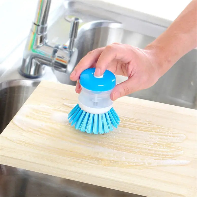 a person cleaning a wooden block with a brush
