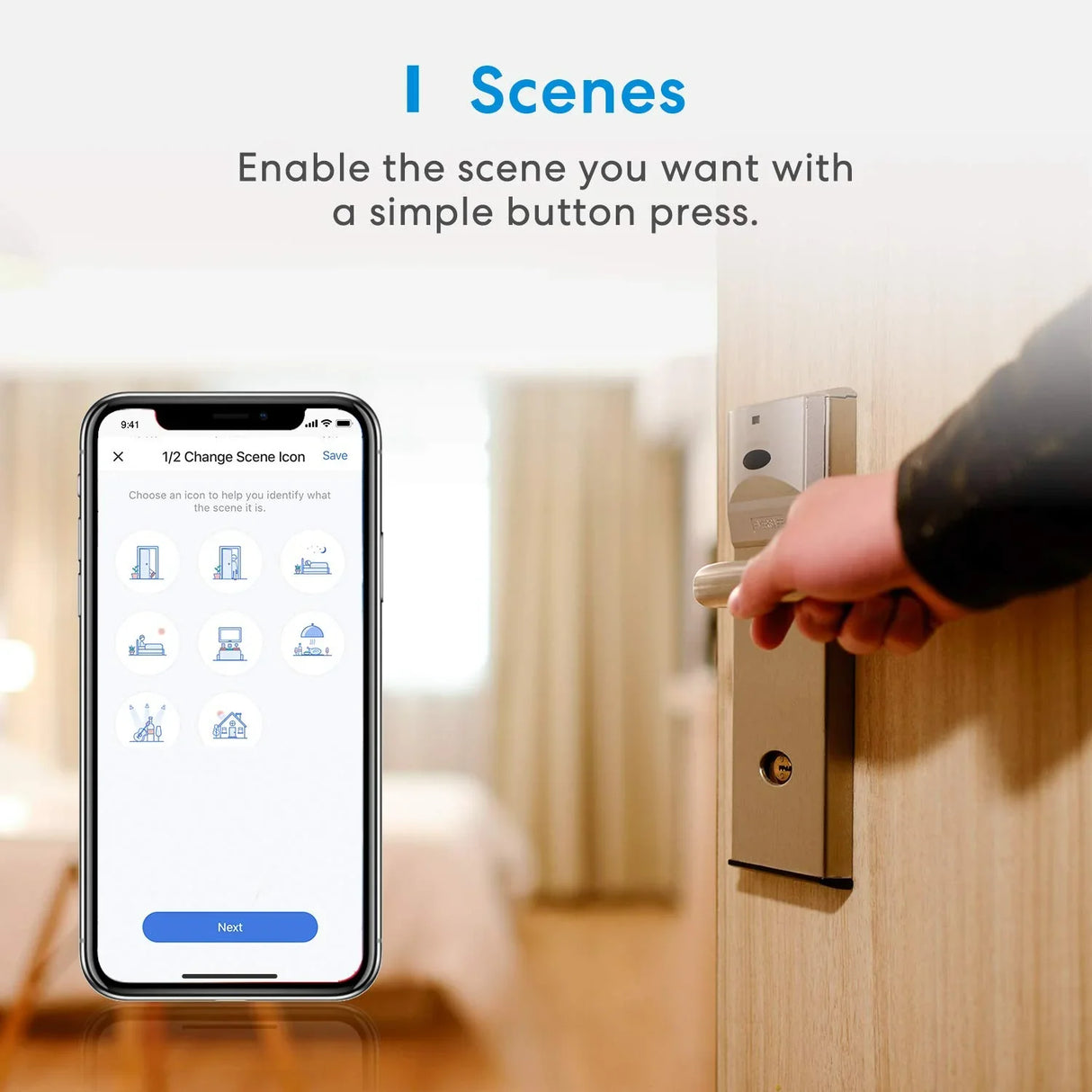 a person is opening a door with a smart lock