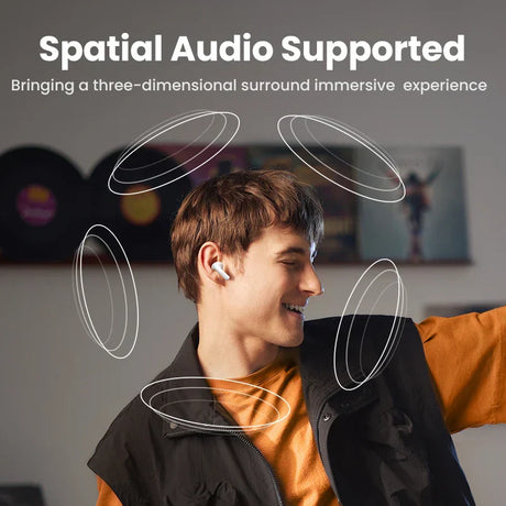 Person wearing headphones with illustrated spatial audio rings around their head.