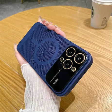 a person holding a blue iphone case