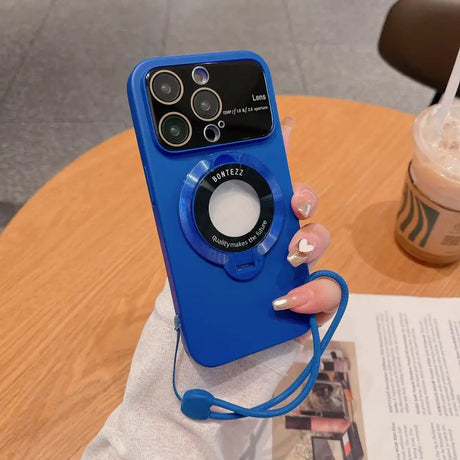 a person holding a blue phone case