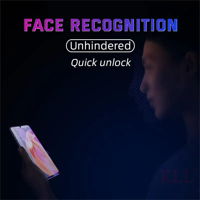 a person using a phone with the text face recognition under the screen