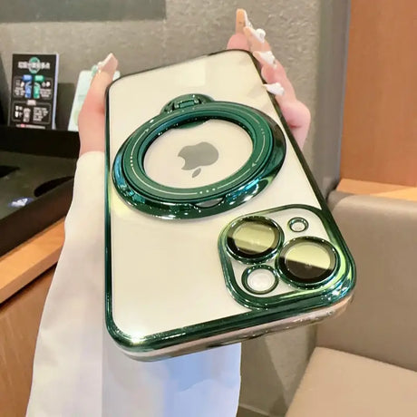 a person holding a green iphone case