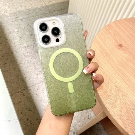 a person holding a green phone case